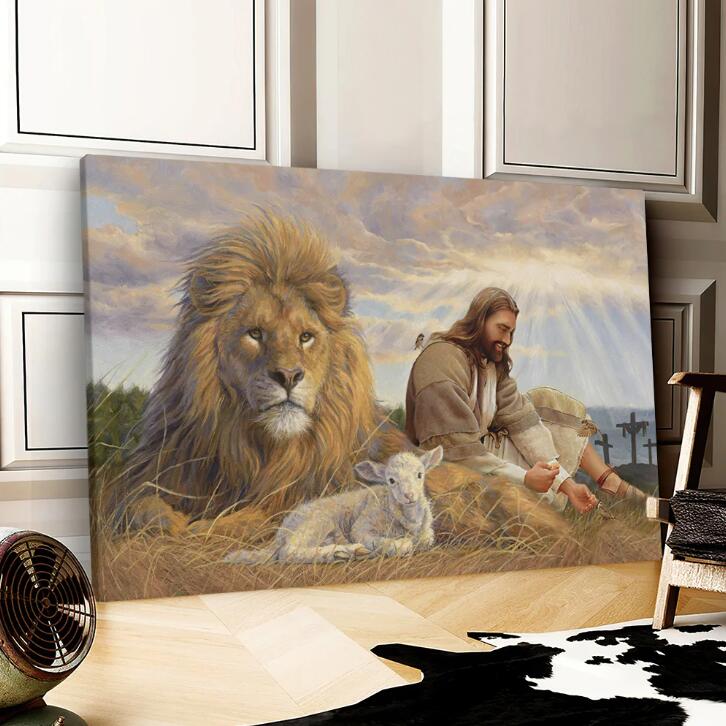 The Living Room Is Decorated With A Canvas Painting Of The Lion Jesus Faith Frame