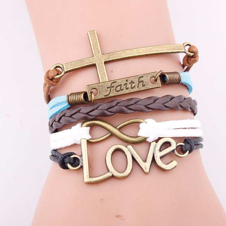 European and American bracelets love pendant fashion faith letter jewelry multi-layer woven leather rope bracelet bracelet