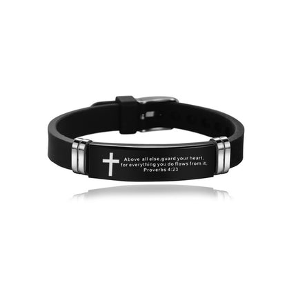 Christian Bible Cross Scripture Bracelet Stainless Steel Silicone Strap Bracelet