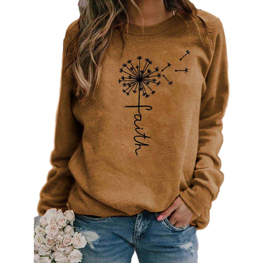 Ladies Faith Letter Print Round Neck Long Sleeve T-shirt