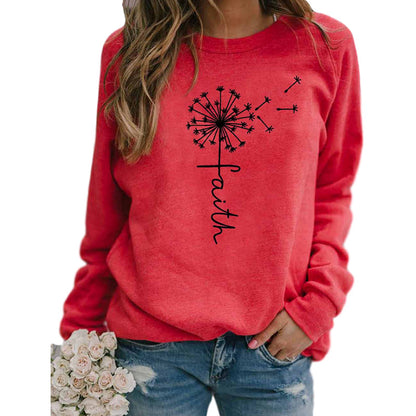 Ladies Faith Letter Print Round Neck Long Sleeve T-shirt