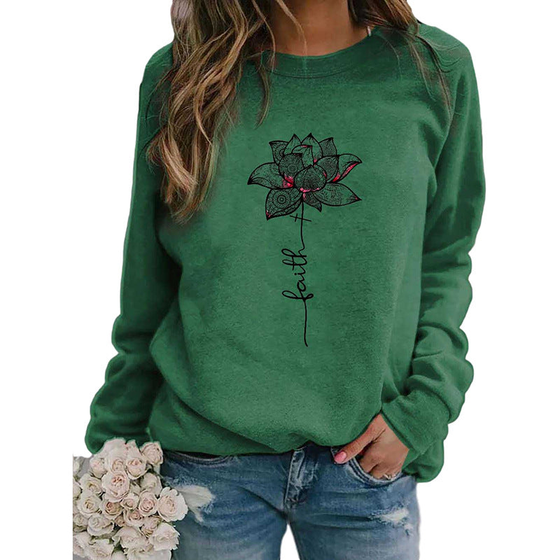 Ladies Faith Letter Print Round Neck Long Sleeve T-shirt