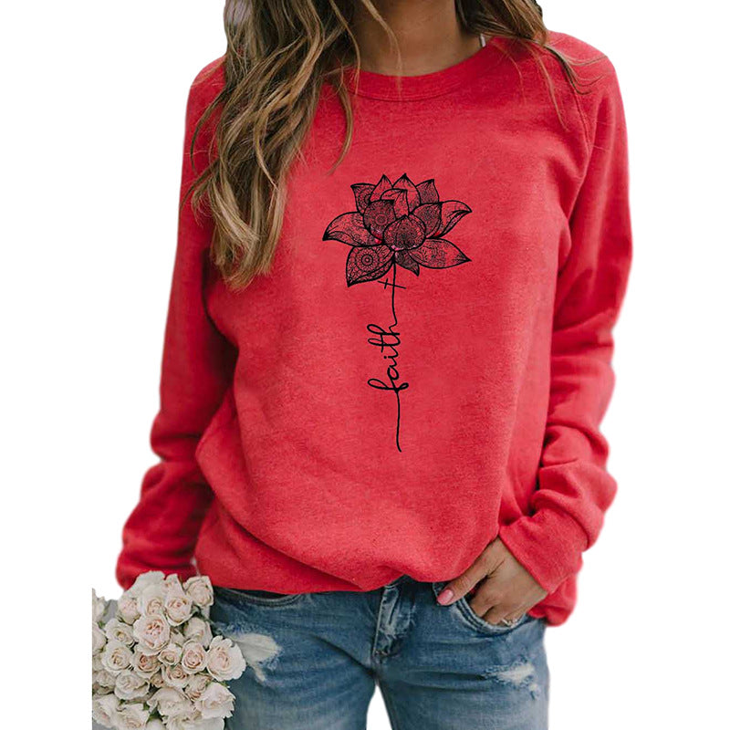 Ladies Faith Letter Print Round Neck Long Sleeve T-shirt