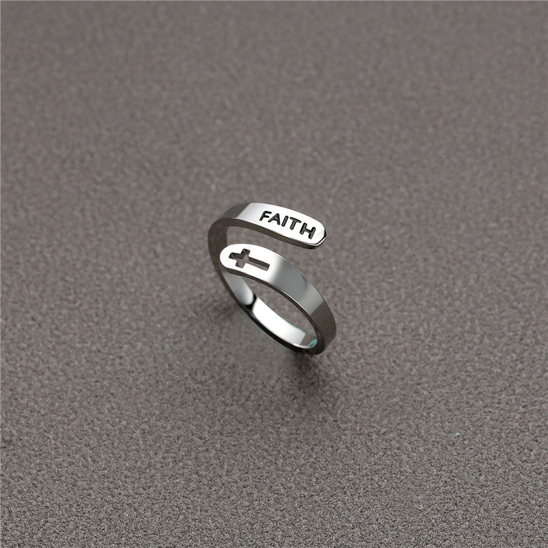 Hollow Cross Double Ring Stainless Steel Engraved Faith Simple Ring