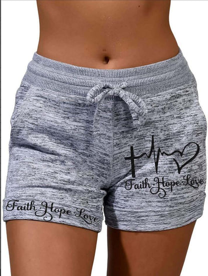 European And American Ladies Faith Hope Love Printed Lace-up Shorts