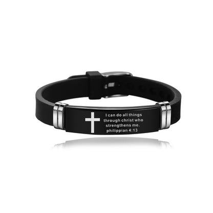 Christian Bible Cross Scripture Bracelet Stainless Steel Silicone Strap Bracelet