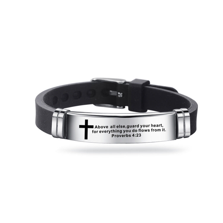 Christian Bible Cross Scripture Bracelet Stainless Steel Silicone Strap Bracelet