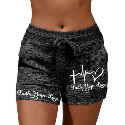 European And American Ladies Faith Hope Love Printed Lace-up Shorts