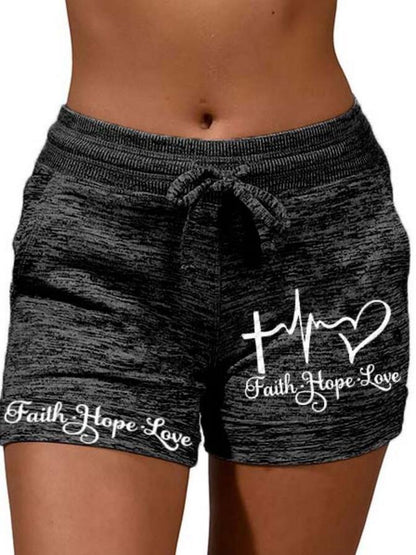 European And American Ladies Faith Hope Love Printed Lace-up Shorts